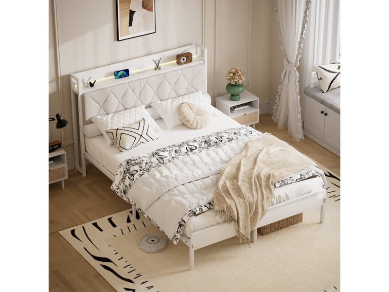  Lit double 140x190 cm avec tête de lit capitonnée led, lit avec 2 prises et 2 ports usb, espace sous le lit, structure en métal et tissu, blanc OPULERANE TRADING LTD - Conforama E
