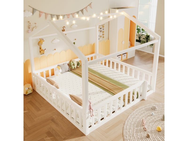  Lit enfant 90x190 cm modulable en 180x190 cm maison avec led barre de sécurité bois de pin minimaliste blanc BUYDEEMEUS - Conforama D