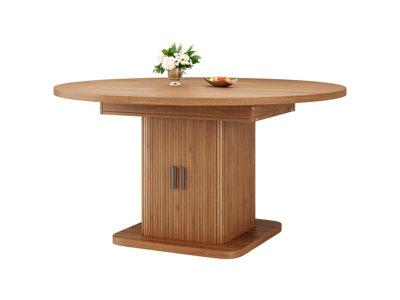 Table à manger extensible 110-149,8 x 110 x 75 cm avec colonne de rangement à portes coulissantes, finition noyer ou noir. - Conforama A