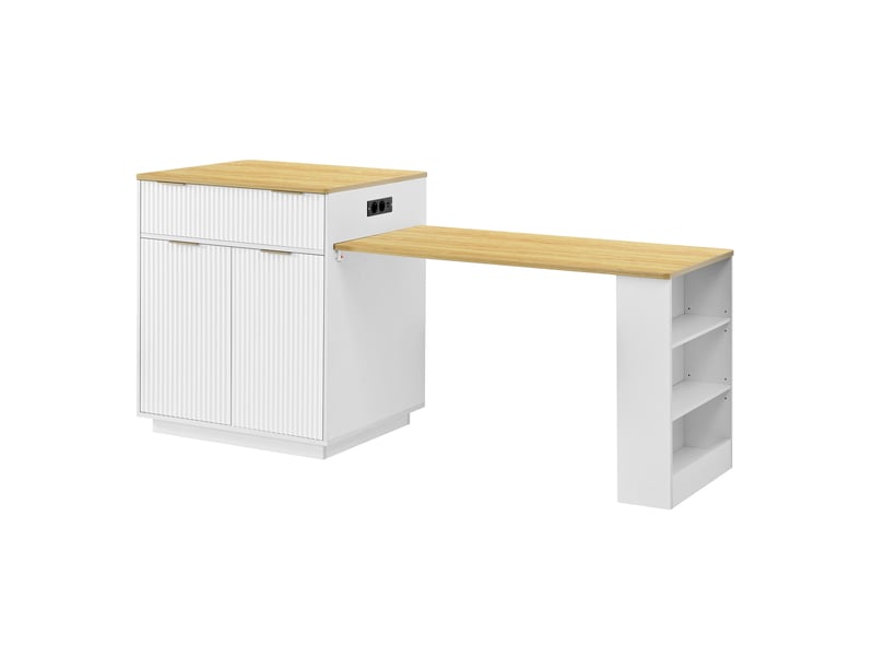  Îlot de cuisine blanc extensible 127,5-205 cm avec led, prises et rangements  - Conforama A