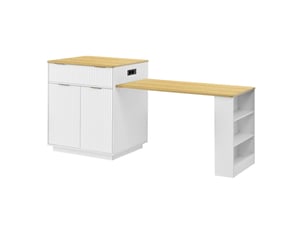 Îlot de cuisine blanc extensible 127,5-205 cm avec led, prises et rangements