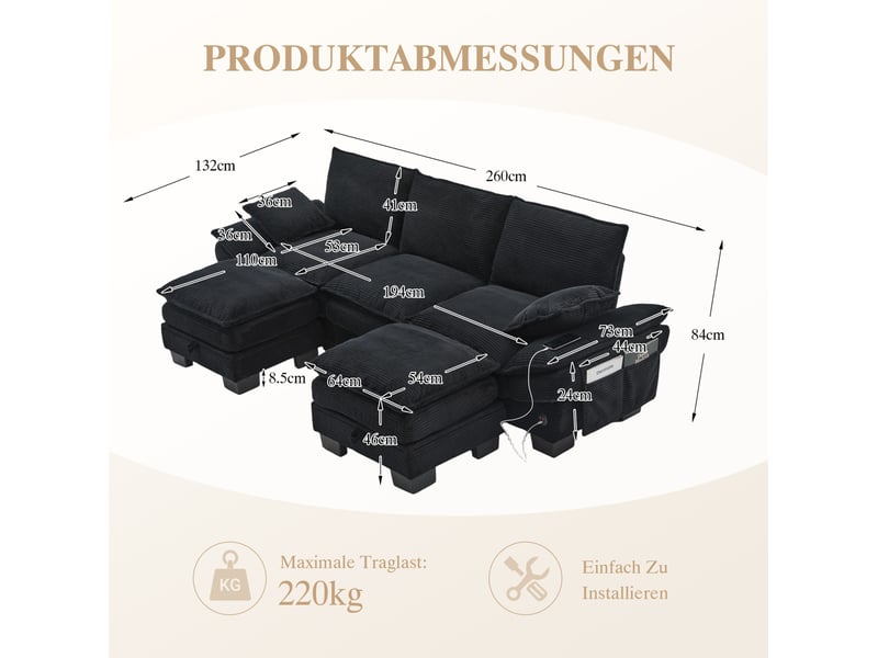 Canapé modulable 3 places en velours côtelé noir avec 2 poufs, port usb-c et poches latérales - Conforama E