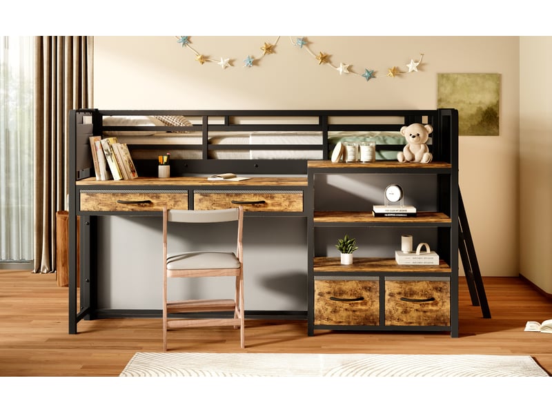  Lit superposé 140x200 cm noir métal avec bureau rangements tiroirs tissu rideau étagères led Sol Morn - Conforama D