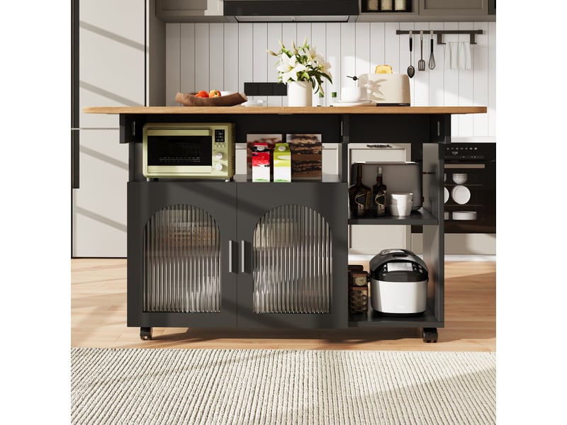  Îlot de cuisine noir avec table pliante buffet de rangement portes vitrées 120 cm  - Conforama D
