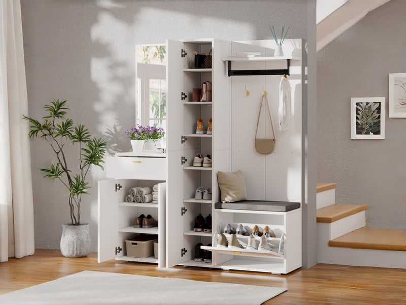 Vestiaire mural compact étroit, miroir, tringle, casier à chaussures, banquette et tiroir, 125×36×190 cm, blanc N657P50643234W - Conforama B