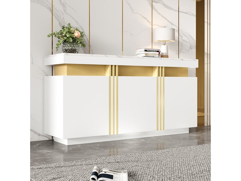  Buffet blanc moderne meuble de rangement 3 portes plateau effet marbre 140cm  - Conforama E