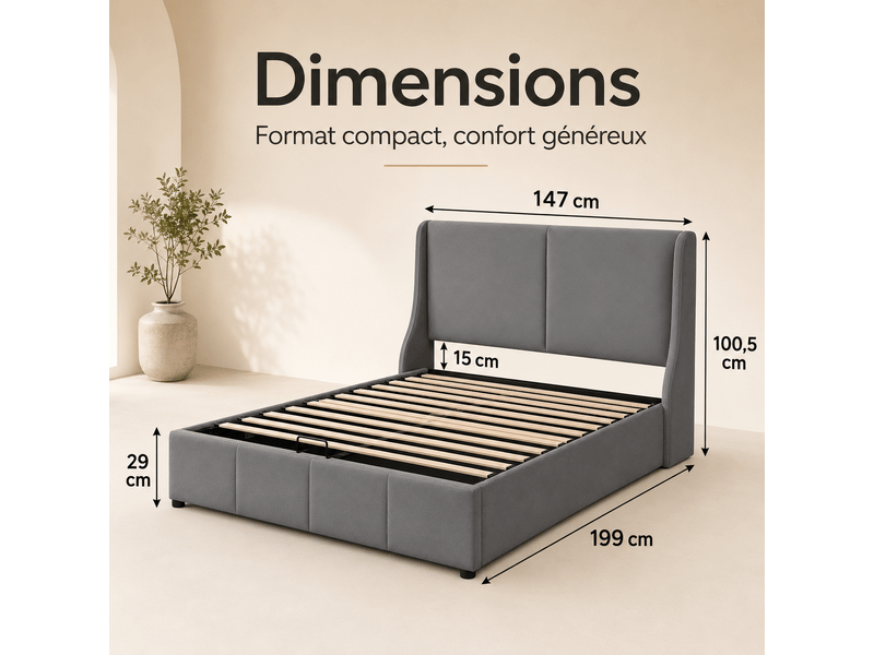 Lit adulte 140x190 cm - lit coffre double avec grand rangement hydraulique sous le lit et tete de lit capitonne - 2 personnes - cadre de lit rembourré 2 places- sommier à lattes - simple - chambre complete ado - velours - gris -… - Conforama D