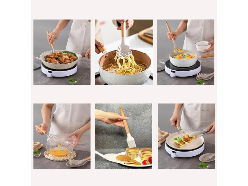  Set de 12 ustensiles de cuisine en silicone et bois kaki avec support chicfurn  - Conforama R