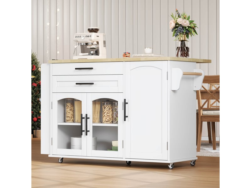 Îlot de cuisine mobile avec plan de travail rabattable, desserte de cuisine sur roulettes, 138x70x90 cm - Conforama R