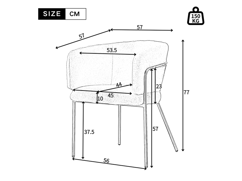 Chaise de salle à manger lot de 2 avec accoudoirs et dossier, pieds métalliques en imitation fourrure de lapin blanche  - Conforama C