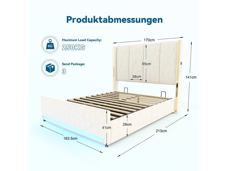  Lit coffre double 160×200 cm avec usb, type-c, led réglable et poches - okmyhome- beige, sans matelas  - Conforama D