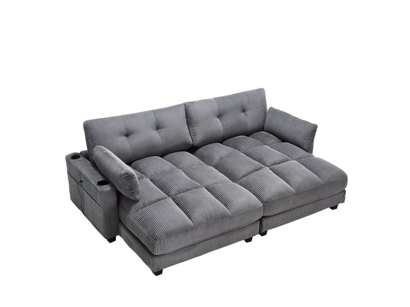 Canapé 2 places en velours côtelé gris, séparable en 2 fauteuils, 2 coussins, 4 porte-gobelets, 4 poches, usb - Conforama A