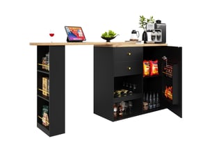 Table de bar pivotante îlot de cuisine noir en mdf avec 2 tiroirs et étagères à 3 niveaux, meuble modulable pour salle à manger