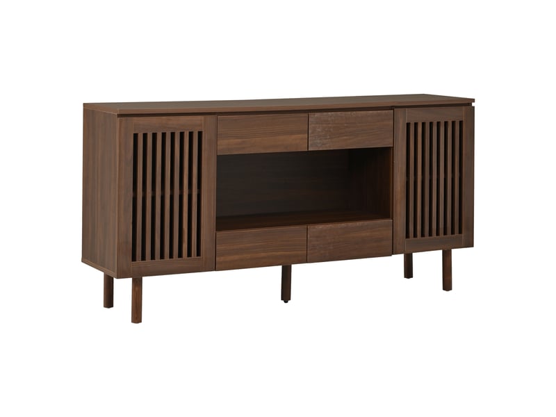  Buffet bas 4 tiroirs et 2 portes persiennes 140x35x71 cm mdf noyer  - Conforama R