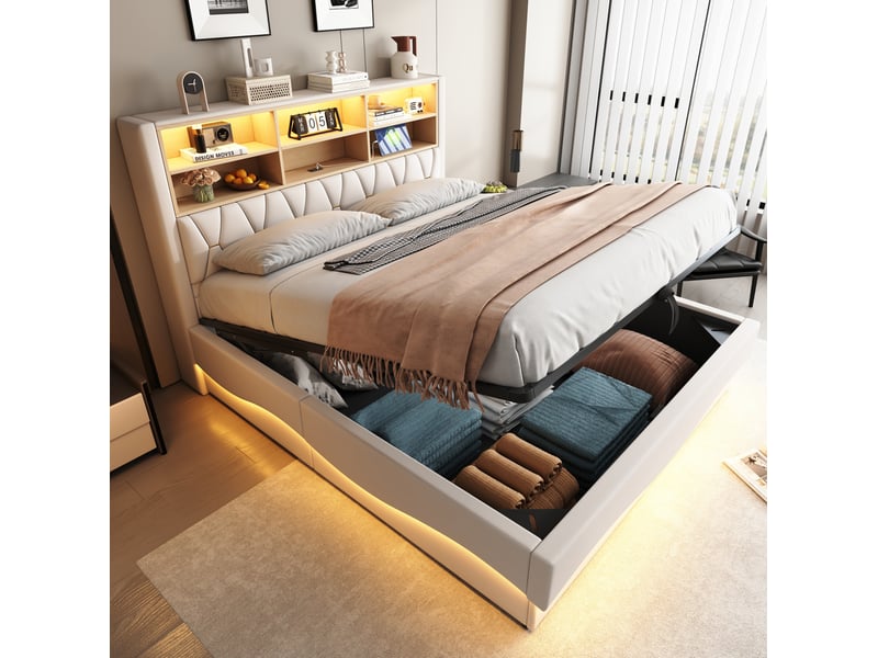  Lit coffre 180 x 200 cm beige avec led, port usb et rangement hydraulique  - Conforama D