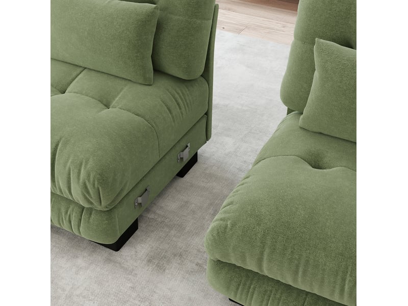  Canapé d'angle modulaire 313x145x81 cm 3 places avec ottomans mobiles chenille vert  - Conforama D