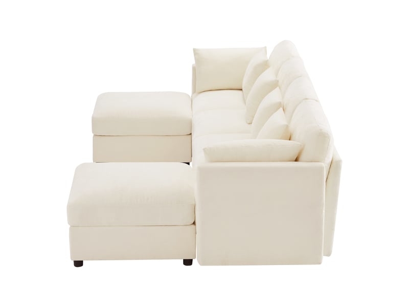 Canapé d’angle modulable en ul en chenille beige, 2 poufs, accoudoirs réglables, design cloud - Conforama D