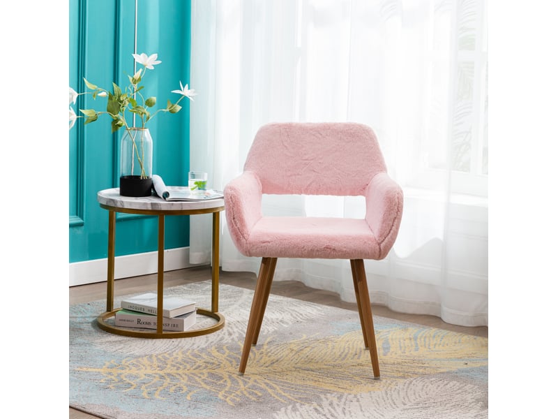 Chaise de salle à manger rose en fausse fourrure avec accoudoirs, style vintage, confort pour vos repas élégants - Conforama B