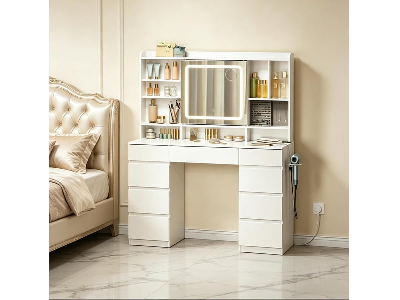  Coiffeuse 110x40x140 cm avec miroir coulissant, led et prises intégrées blanc  - Conforama B