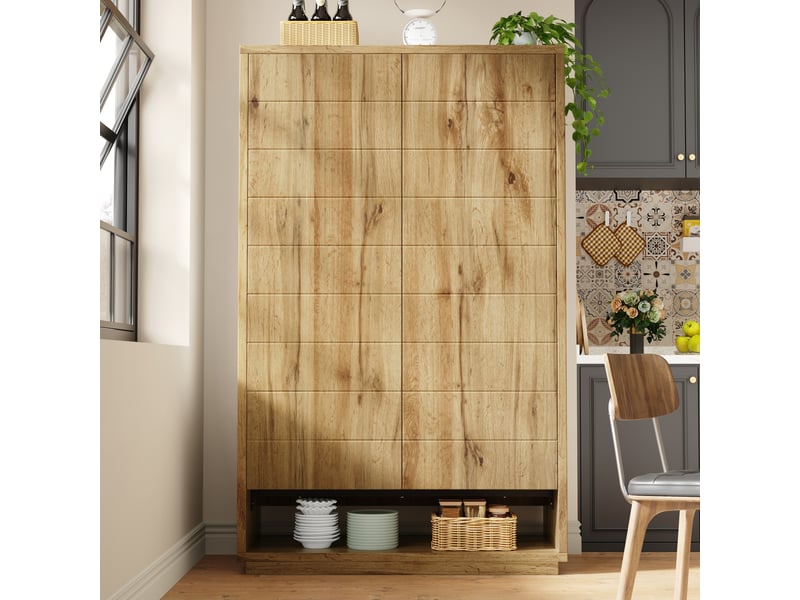Armoire haute de cuisine 100x40x162,5 cm, 2 portes push-to-open, 8 niches ouvertes, sécurité anti-basculement, structure mdf, décor chêne clair - Conforama B