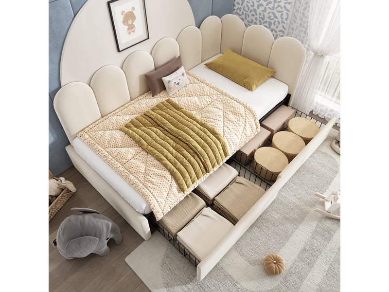  Lit avec rangement 90x190 cm avec 2 tiroirs sans matelas beige  - Conforama R