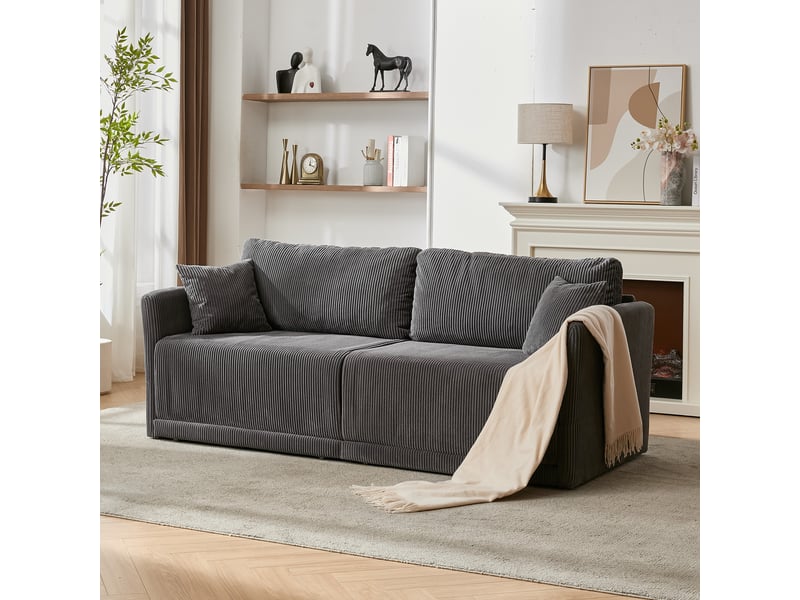 Canapé convertible avec couchage d’appoint - accoudoirs en bois, velours côtelé gris, 182 × 88 × 84 cm - Conforama B