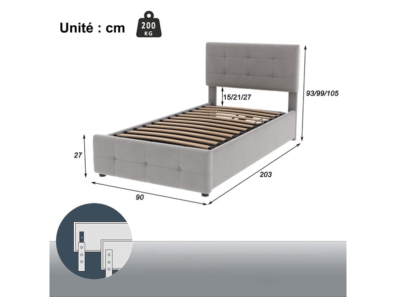  Lit coffre enfant 90x200 cm en velours, lit simple avec rangement hydraulique et tête réglable, sans matelas, gris  - Conforama D
