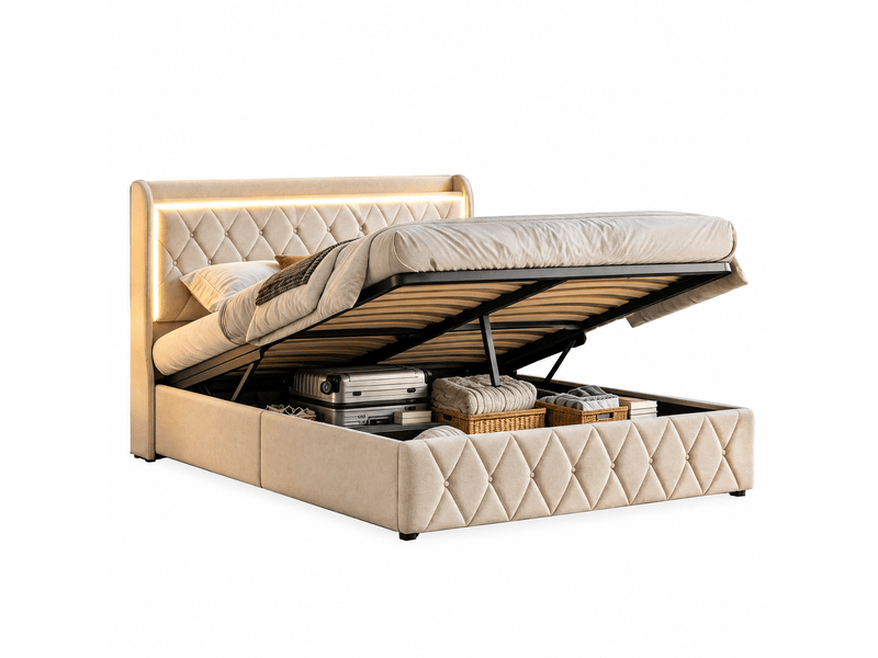  Lit coffre 140x190 avec led et usb, lit 2 places avec rangement lit double rembourré avec tête de lit capitonné lit hydraulique avec sommier à lattes lit 2 personnes beige velours, sans matelas  - Conforama A