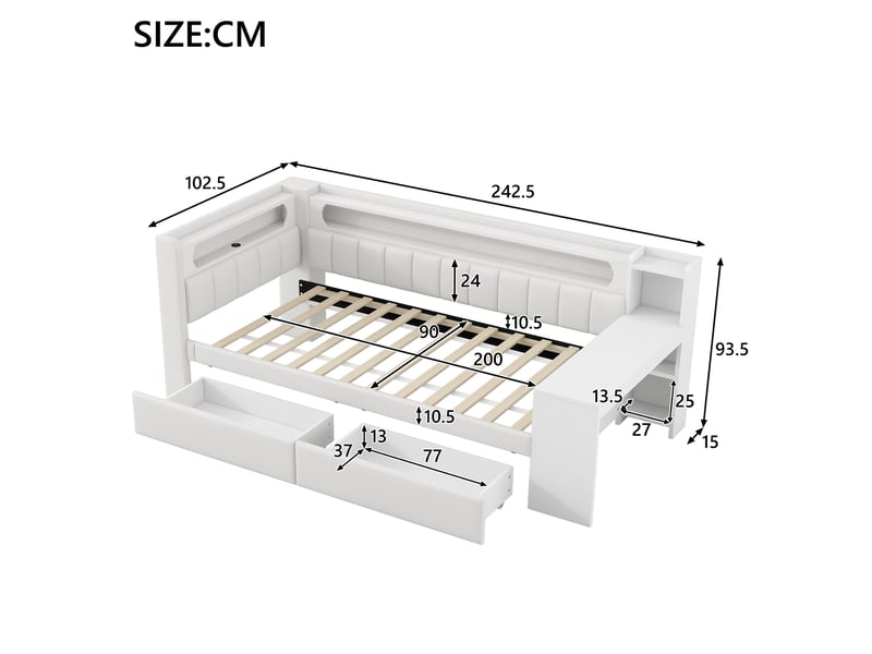  Lit banquette 90x200 cm avec bureau, led, usb et 2 tiroirs blanc  - Conforama E