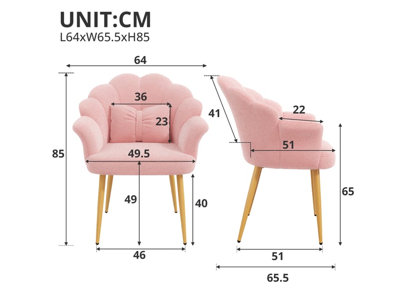 Lot de 2 fauteuils 64x65,5x85 cm, dossier pétale, accoudoirs, coussins nœud, tissu teddy, rose  - Conforama C