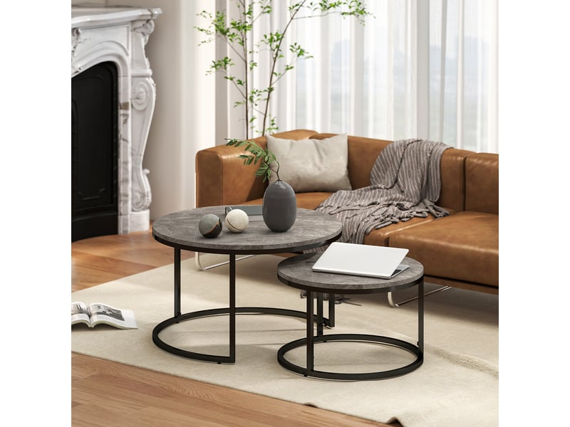  Lot de 2 tables basses gigognes empilable design industriel plateau imitation ciment pieds en métal gris  - Conforama A