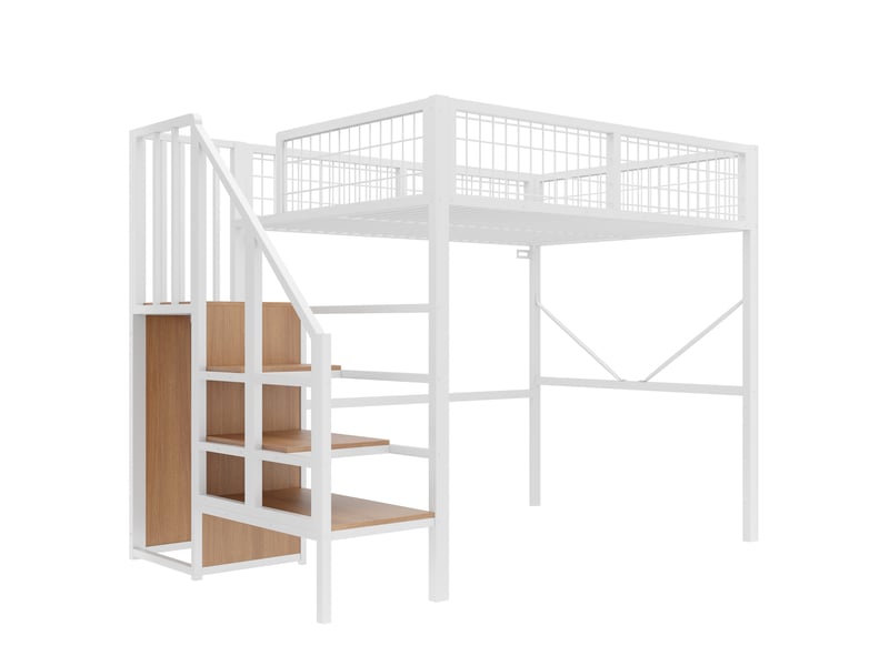  Lit mezzanine 140x200 cm – blanc – échelle avec rangement, penderie, led et garde-corps métal sans matelas  - Conforama D