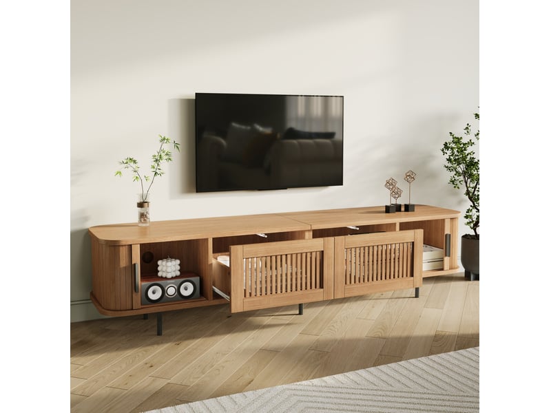 Meuble tv avec 2 tiroirs, 2 portes coulissantes et éclairage led contrôlable par application, naturel 180 × 40 × 44,5 cm - Conforama E