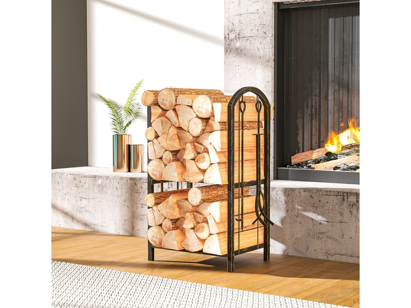  Porte-bûches métallique 2 niveaux avec 4 outils, charge 100 kg, 43 x 30 x 74 cm  - Conforama C