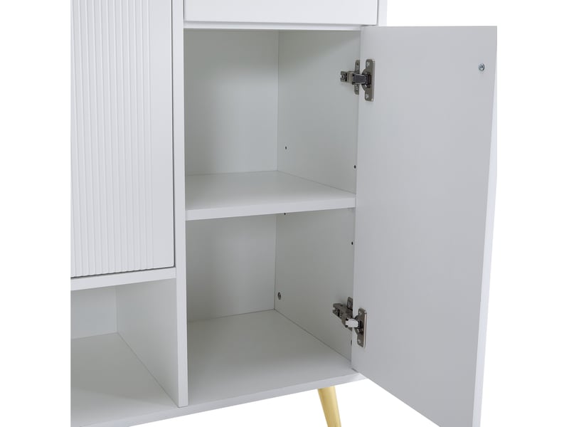  Meuble à chaussures 130x37x100 cm avec 2 tiroirs, 4 portes et compartiment ouvert, panneau de particules blanc  - Conforama D