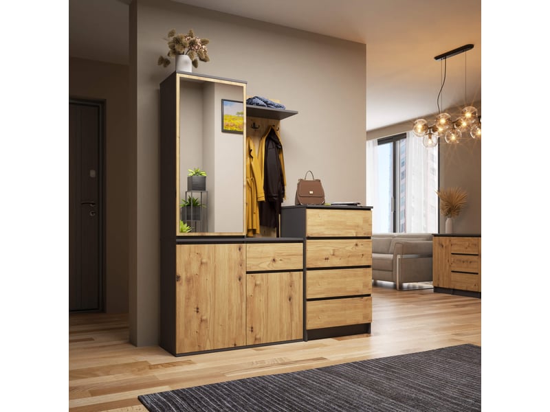  Ensemble de meubles d'entrée entro gris graphite, chêne artisan avec armoire et miroir 95 cm 3 portes 1 tiroir 7 étagères 95x35x183 cm Ensemble d'entrée ENTRO - Conforama E
