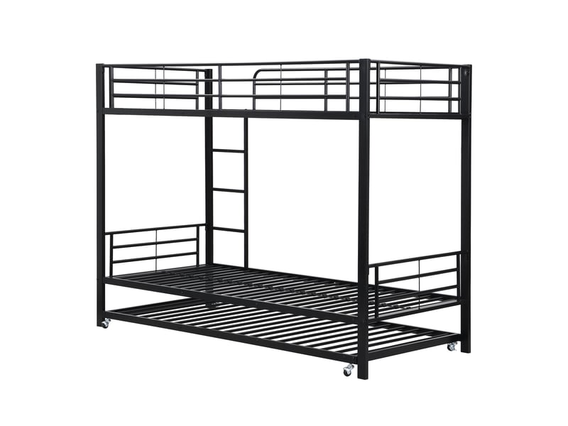  Lit superposé en fer, adapté aux enfants et adolescents, avec lit gigogne, quatre barrières de sécurité sur le lit supérieur, en fer noir, 90 x 200 cm et 90 x 190 cm  - Conforama E
