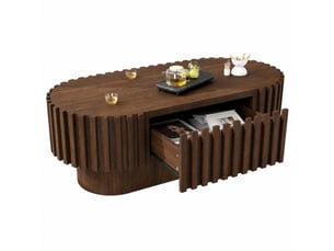 Table basse ovale 100x50x35,5 cm avec tiroir en mdf couleur noyer, design moderne, décor à lamelles verticales