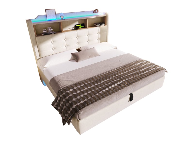  Lit capitonné, 140 × 200 cm, avec bande lumineuse led, rangement hydraulique, compartiments de rangement, design suspendu, matelas non inclus, ports usb et type-c, revêtement en lin, beige  - Conforama A