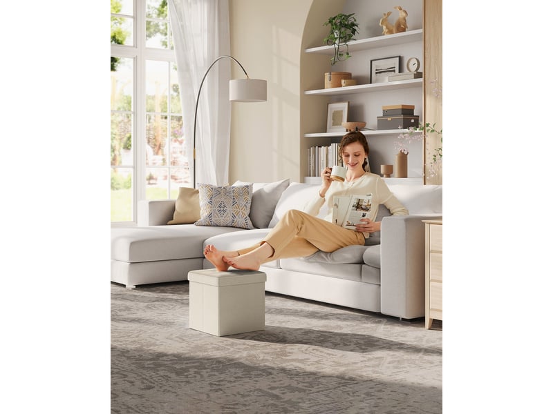  Pouf de rangement pliable en tissu effet lin blanc crème  - Conforama C