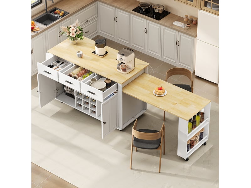  Îlot de cuisine mobile avec plateau extensible, 3 tiroirs, range-bouteilles, prises usb, 7 roulettes, blanc et naturel  - Conforama E