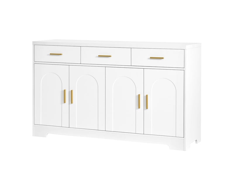 Buffet blanc 140 cm en mdf, 4 portes à relief arqué et 3 tiroirs, étagères réglables et poignées dorées - Conforama A