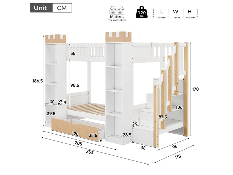  Lit superposé enfant 90x200 cm avec escalier de rangement, blanc et bois naturel  - Conforama C