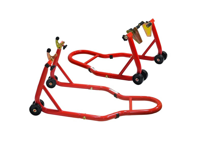  Kit de béquilles avant et arrière pour moto, acier rouge, réglable 16,5 à 35 cm, capacité 200 kg  - Conforama D