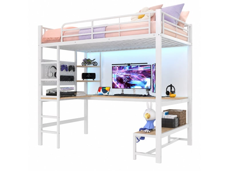  Lit mezzanine en métal, lit simple avec bureau, étagères, usb, type-c et led, 90x200 cm, sans matelas, blanc  - Conforama A