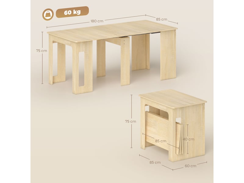Table de salle à manger, table pliante, table de cuisine extensible, table de salle à manger, panneaux de particules, 60-180 x 85 x 75 cm, naturel - Conforama E