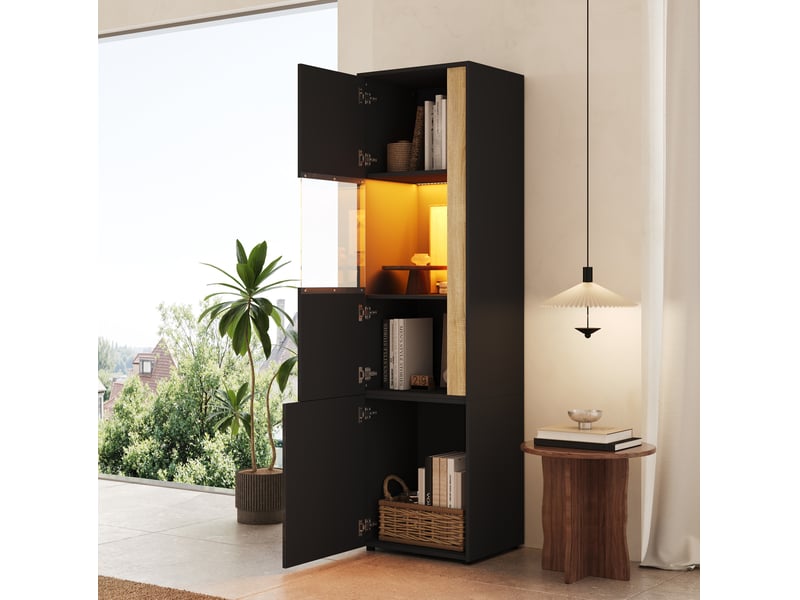  Vitrine haute 50x40x179 cm avec led réglable noir et bois naturel  - Conforama B