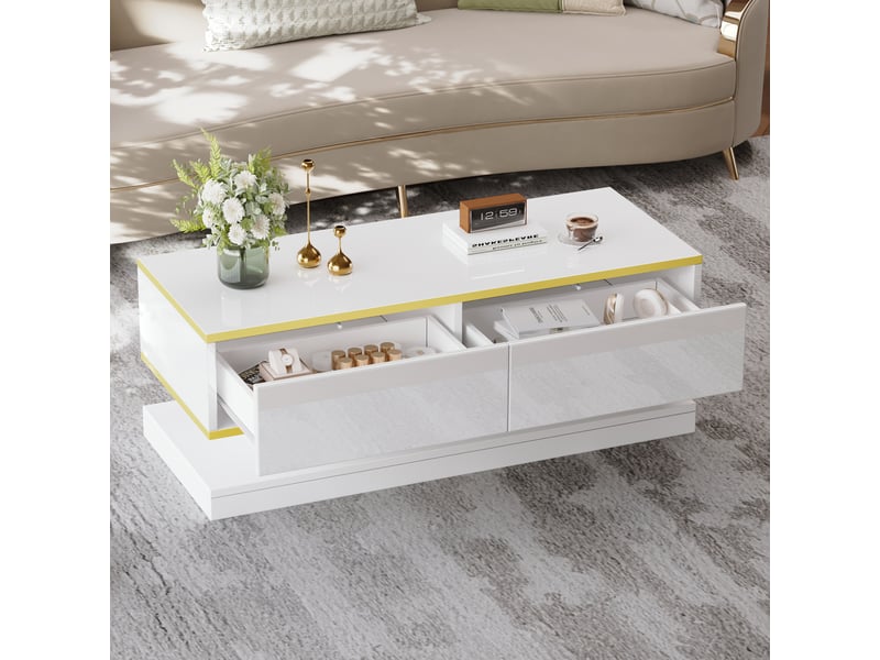  Table basse 2 tiroirs à pression pour salon en panneaux de particules 100×50×38 cm blanc chaud doré  - Conforama B