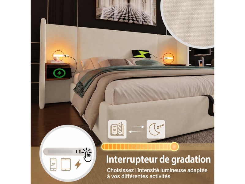 Lit coffre 180x200 rembourré en lin beige avec liseuse tactile et ports usb  - Conforama E