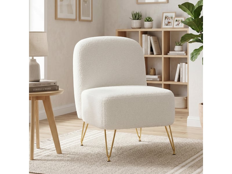  Fauteuil salon sans accoudoirs, fauteuil d'appoint rembourré en tissu bouclette, coussin épais, assise large, blanc  - Conforama C